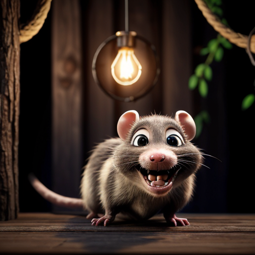 Highly detailed Pixar-style 3D render of Remy the rat from Ratatouille, standing excitedly on a thin twisted vine branch in a dark rustic wooden interior. Remy has big expressive eyes, wide grinning mouth with teeth visible, brown fur, wearing a small khaki chef outfit. He gives a cheerful thumbs-up with one paw while gripping the branch with the other. Surrounding him are intricate networks of organic vine branches and ropes glowing with blue magical sparkles and floating light particles. A hanging lantern nearby emits warm golden light, casting dramatic shadows and rim lighting on his fur and vines. Cinematic atmosphere, soft glow, high detail on textures, fur, sparks, and wood, dark moody background, 8k resolution.