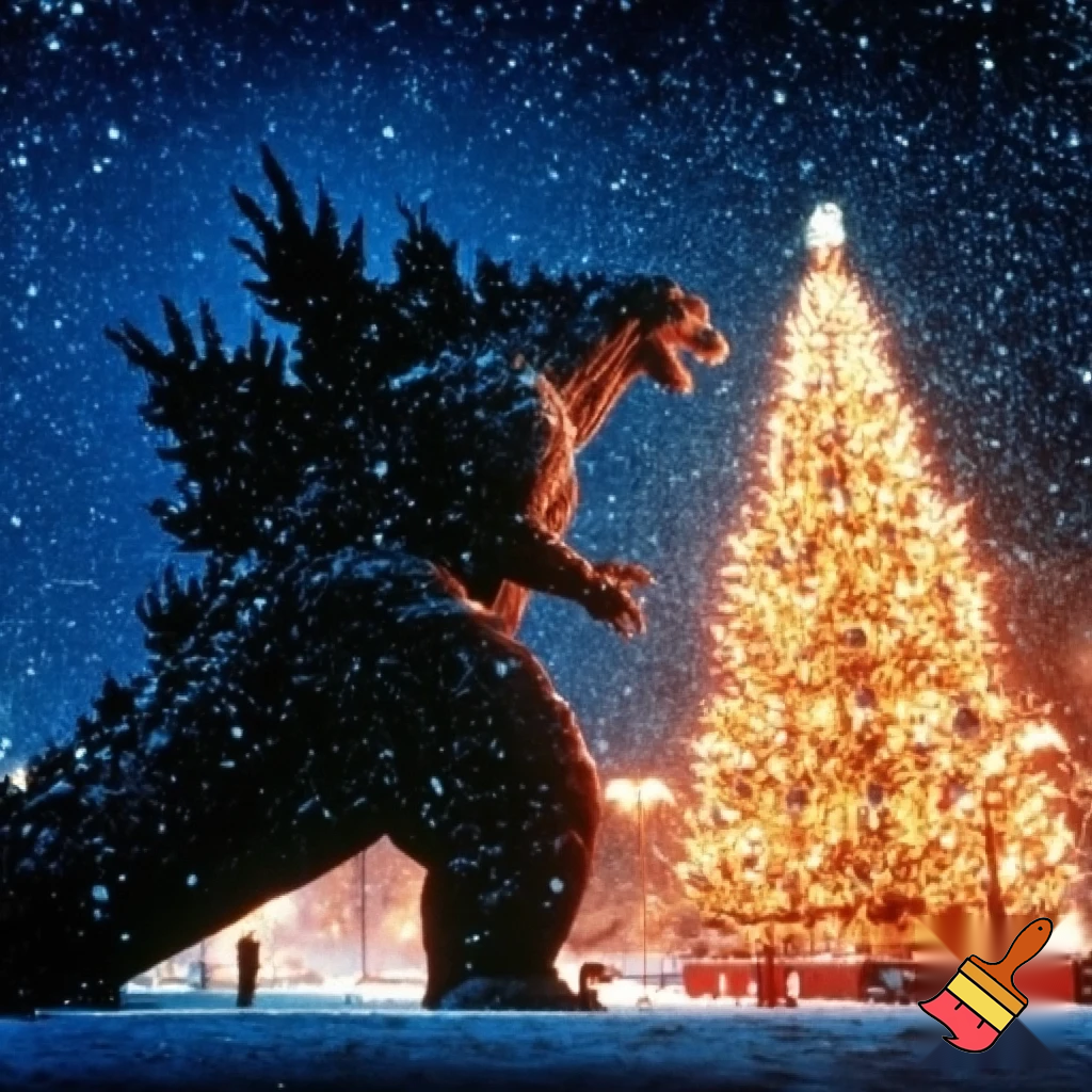 Godzilla walking to Christmas tree
