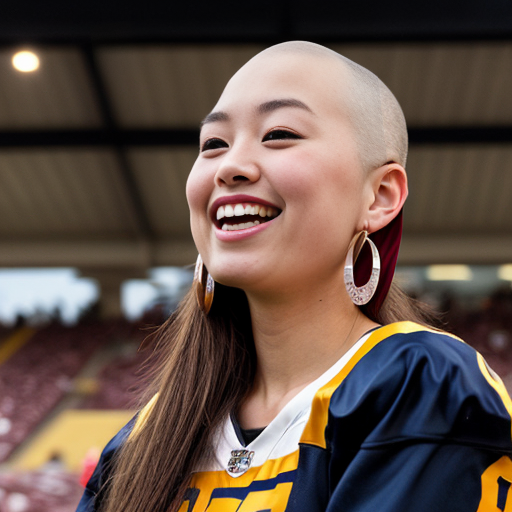 can you create an image of an early twentysomething half Scottish half Japanese USC student cheering in the stands at a football game. her tall, petite frame. She has a closed‑lip smile, her beautiful facial features—high cheekbones, almond‑shaped eyes, and a smooth complexion—clearly visible. Her head is shaved. She appropriate clothing, complemented by large hoop earrings, additional layered jewellery, and a septum ring. 