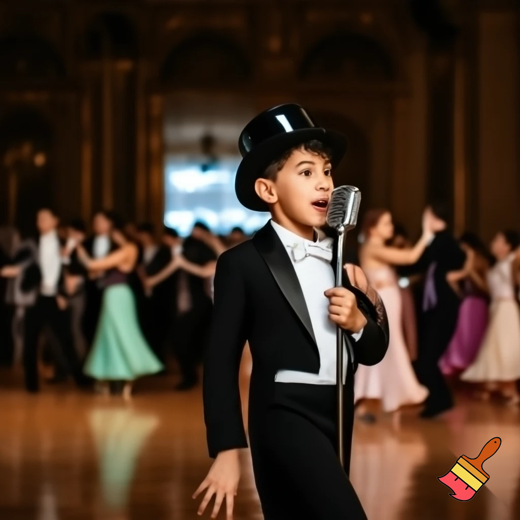 Preteen Boy in Shiny Top Hat White Bowtie Black Tailcoat Black Shoes Singing in Microphone on a big Stage. Behind him Ballroom Dance Kid Couples Dancing, Boys in formal stylish Tailcoats, Girls in beautiful Ballroom Gowns