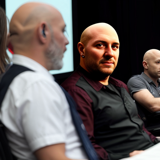 he's the professor and we are all  students at a lecture.bald guy with a beard trading futures ona big flatscreen tv set of 4, room with guns andf guitars aveytwhere and amps - the bald guy is the speaker not the tohers..., 
