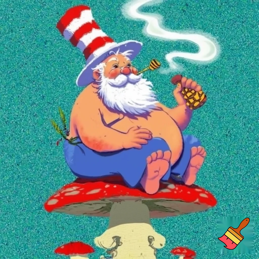 Very fat Mexican with white beard and dr Seuss hat sitting on a mushroom and smoking a bong

