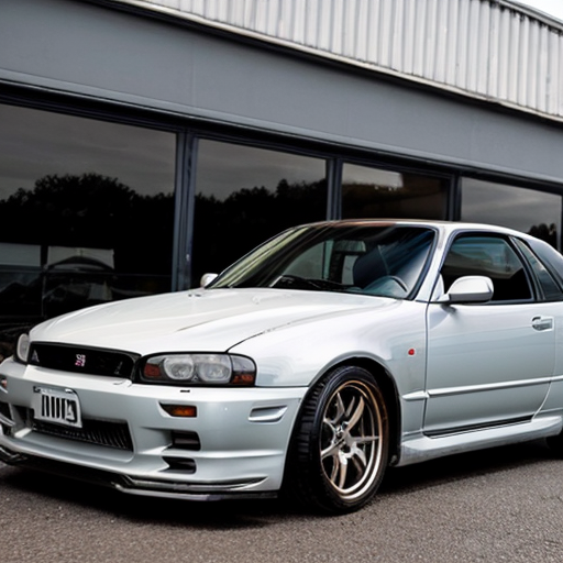 A Nissan skyline R34 and it's logo on the top left corner and the specifications and the top speed 