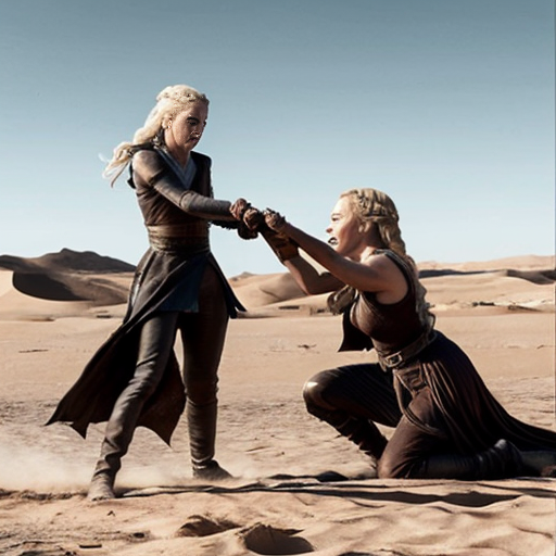 Daenerys Targaryen and Cersei Lannister fighting in the desert , Cersei Lannister is under Daenerys and losing. Both are naked and all sweaty 
