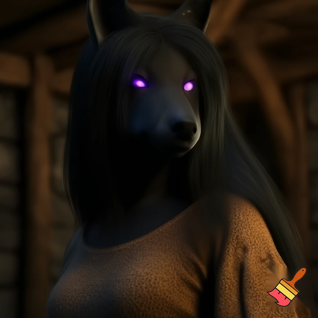 Anthro female black wolf with long pretty black hair and purple eyes, wearing a brown medieval shirt