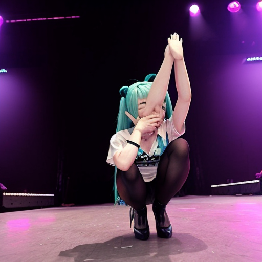 Hatsune Miku, a virtual singer, was performing on stage. She was wearing her standard performance outfit, paired with black tights and black platform Mary Jane heels, creating a striking and eye-catching look.

During the performance, Hatsune Miku's right heel got stuck, causing her right high heel to slip off. Due to the excessively high heel, she lost her balance and fell. When she tried to put the shoe back on, she found it was the wrong size; either too big and it would slip off easily, or too small and she couldn't get it on. She even tried hopping on one leg to put it back on, but still couldn't succeed. After several unsuccessful attempts, she had to be helped off the stage by staff.

While performing on stage, Hatsune Miku suddenly experienced a cramp in her right leg and fell. After a short rest, she tried to get up, but her right leg cramped again, causing her to fall to the ground once more. She looked pained and turned to adjust her posture. After further treatment, she was helped up by others and sat in a chair to massage her injured right leg to relieve the discomfort.

During the performance, Hatsune Miku accidentally sneezed, then covered her mouth and sneezed repeatedly, before covering her mouth and nose and bending over to cough. She continued coughing while bending over and turning around, then felt nauseous and began to vomit, painfully vomiting in a squatting position until she finally collapsed on stage from exhaustion.