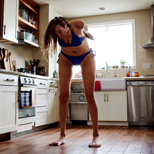 Girls wearing bikinis inside the house inside the kitchen, bending over and touching their toes
