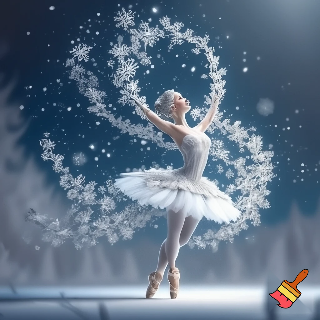 Красивая балерина во весь рост , её  тело в сказочных снежинках
