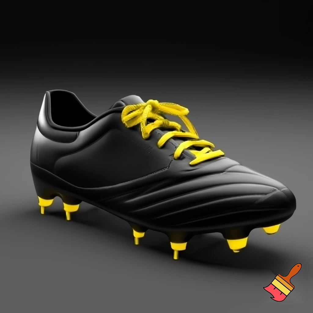 a plain black soccer boot with yellow studs with yellow shoelaces
