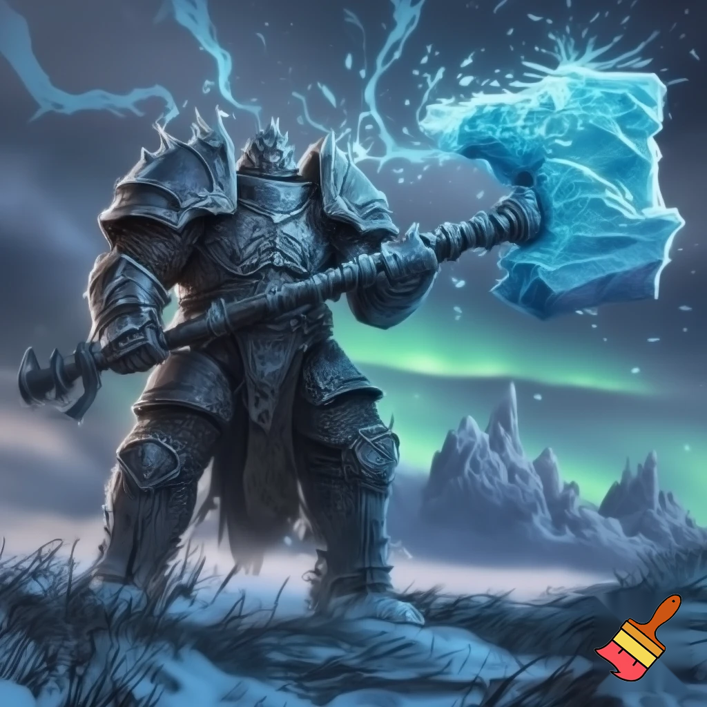Draw a mythical warrior called Jatorr ice hammer 
