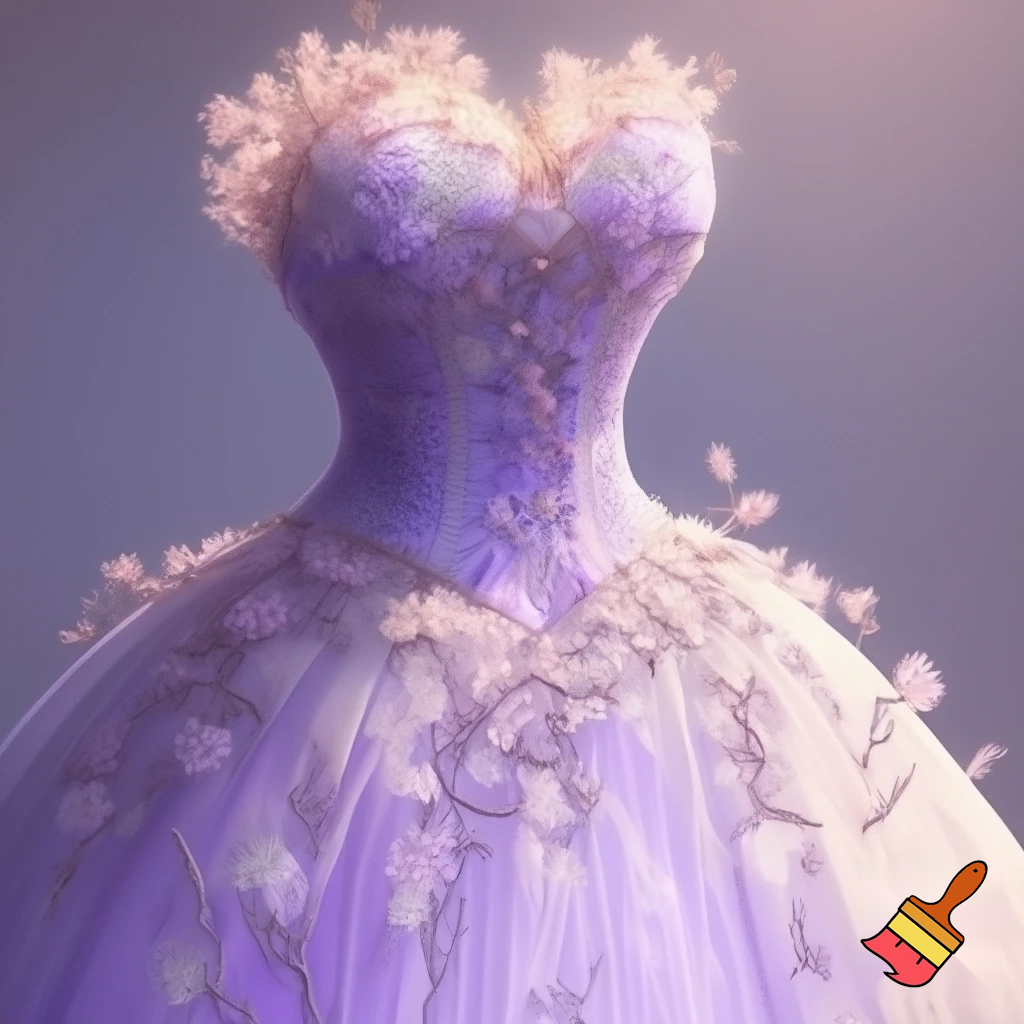 A pastel lavender gown inspired by spring flowers.
The bodice has a soft corset design with hand-drawn floral patterns fading into a light tulle skirt.
It’s romantic and delicate, perfect for garden parties or elegant weddings.