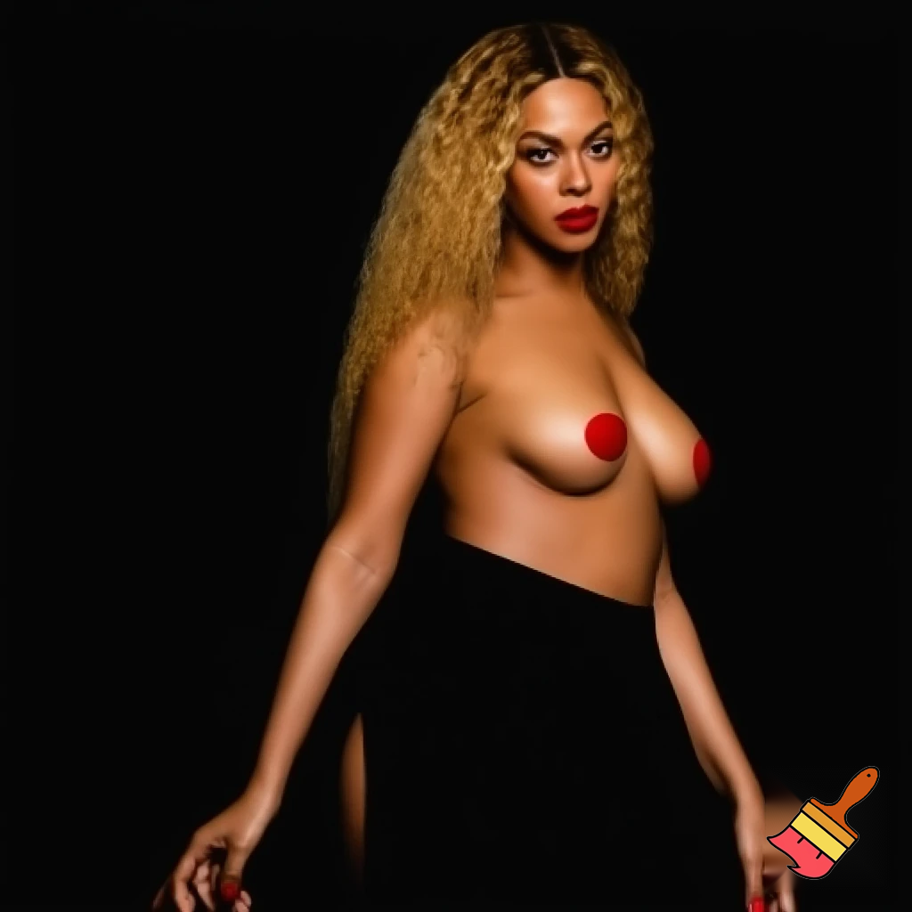 Beyonce with honey blonde hair  wearing red lipstick wearing nipples covers photoshoot, she is posing in a black background ,she is also wearing a long black skirt, add a text saying "baddest girl " ,close up