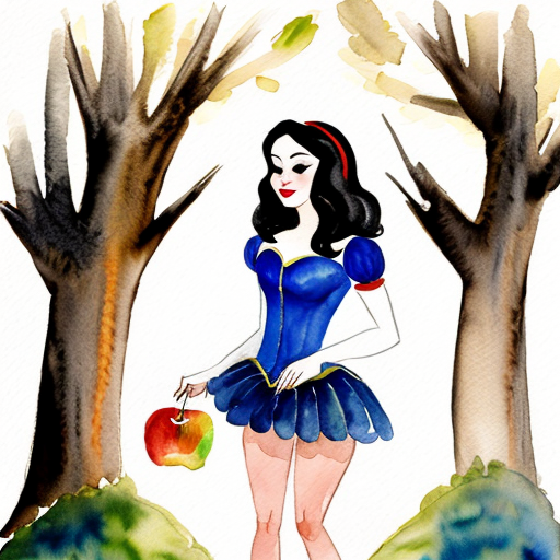 snow white standing in a forest holding an apple wearing her full costume with a short yellow miniskirt and re high heel shoes 