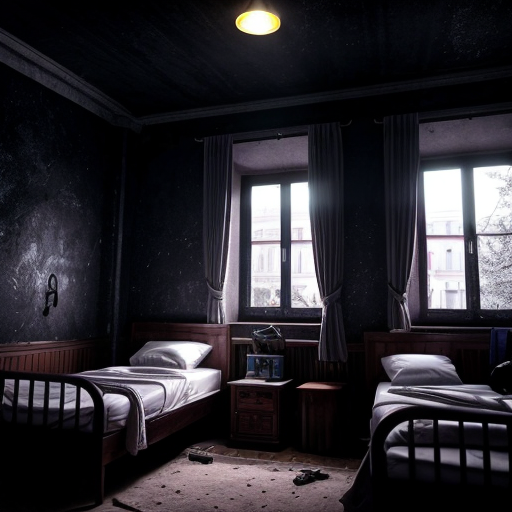 Wide view of boys hostel building, most windows dark, only one room light glowing on upper floor, silent night, suspenseful mood, cinematic horror animation