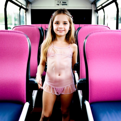 Crea la imagen real de 3 niñas rubias de 9 años vestidas con lenceria rosa transparente en el bus