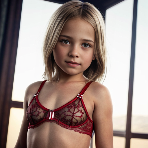 Crea la imagen real de dos niñas rubias de 10 años vestidas con lenceria roja transparente