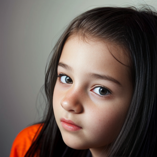 13 year old Canadian tomboy girl with long light black hair and orange eyes