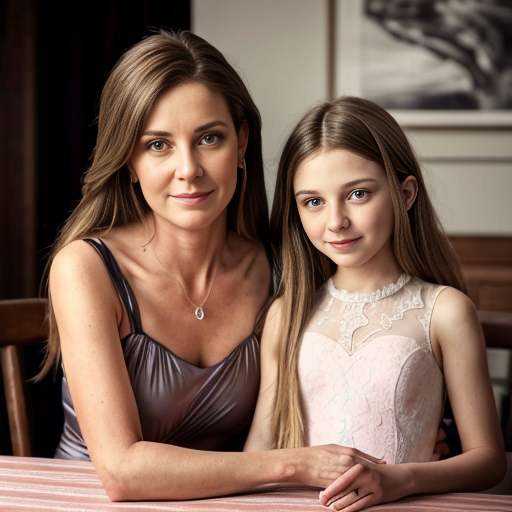 mother and the blonde daughter, on the table, party dress, close up, daughter with long hairs, mom at backround