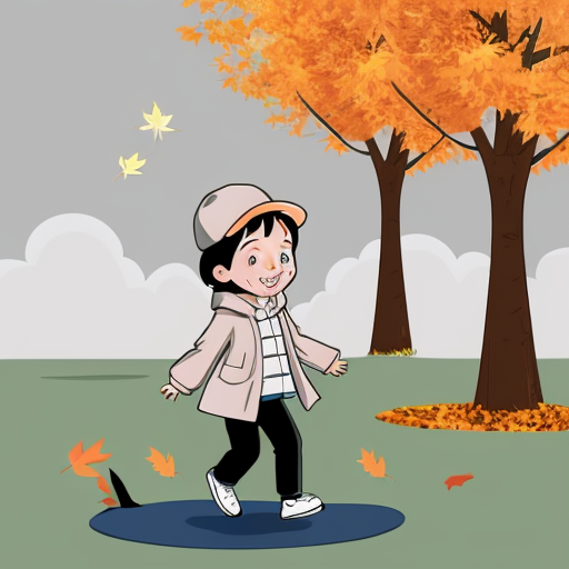 create only one image of A child holding onto a hat as leaves blow sideways; trees bending; swirling wind lines Grey-blue wind swirls, green and orange leaves, brown tree, blue coat in cartoon style
