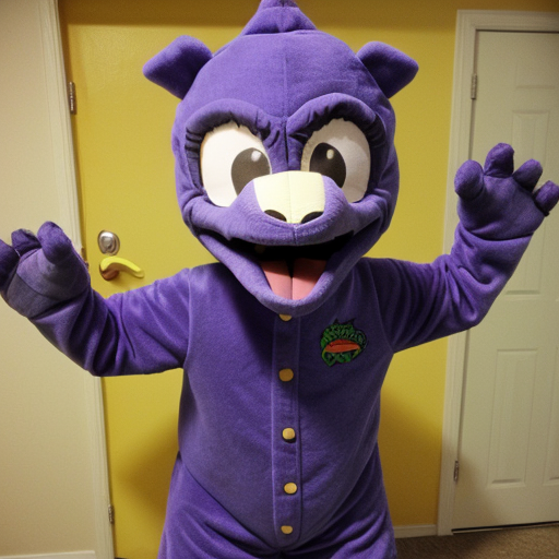 barney the a purple color an dinosaur an costume mascote