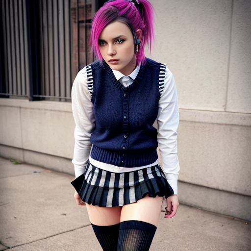 Cute emo woman with dyed hair wearing a sweater vest, a pleated skirt and striped thigh socks with converse shoes 