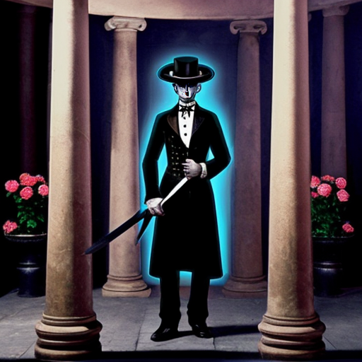 Genera una imagen de una columna griega con de rosas con espinas, las rosas salen desde abajo conforme van subiendo se van degradando hasta perderse en la columna, en la columna quiero que se vea un caballero, en la columna centrado de pie sosteniendo una espada al frente, que el caballero sea parte de la misma columna con el mismo material de la columna, también quiero que los colores sean bioluminiscentes, pero con un estilo gótico, y que haya un gato negro con ojos verdes abajo de la figura del caballero