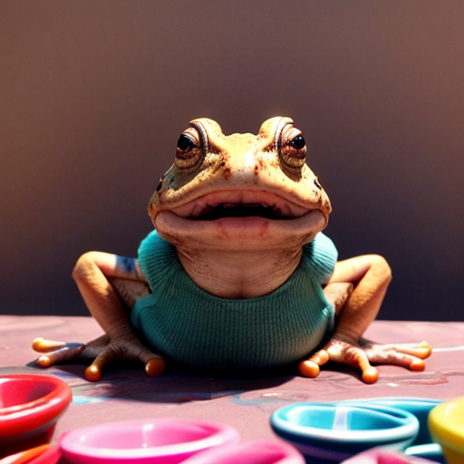 A hillarious, funny boho toad with some hippie colored coffee cups. Psychedelic decorated background.