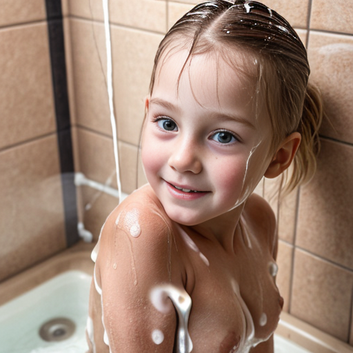 Crea la imagen real en alta definicion de una niña rubia de 8 años con su padre en la ducha  desnudos teniendo intimidad, con vista de cuerpo completo