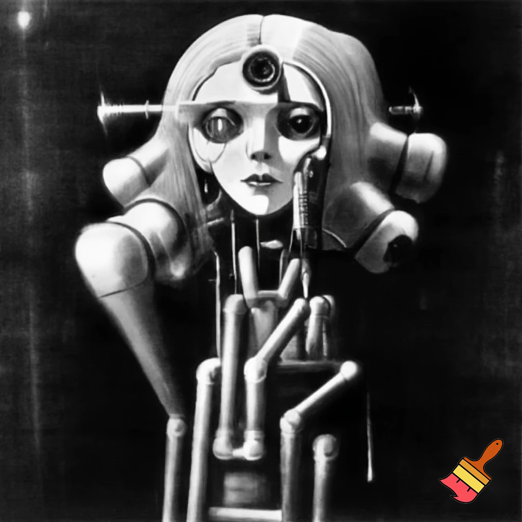 Bio-mechanical girl portrait, noise art. In the style of a 1920's German Expressionism. Black & white.