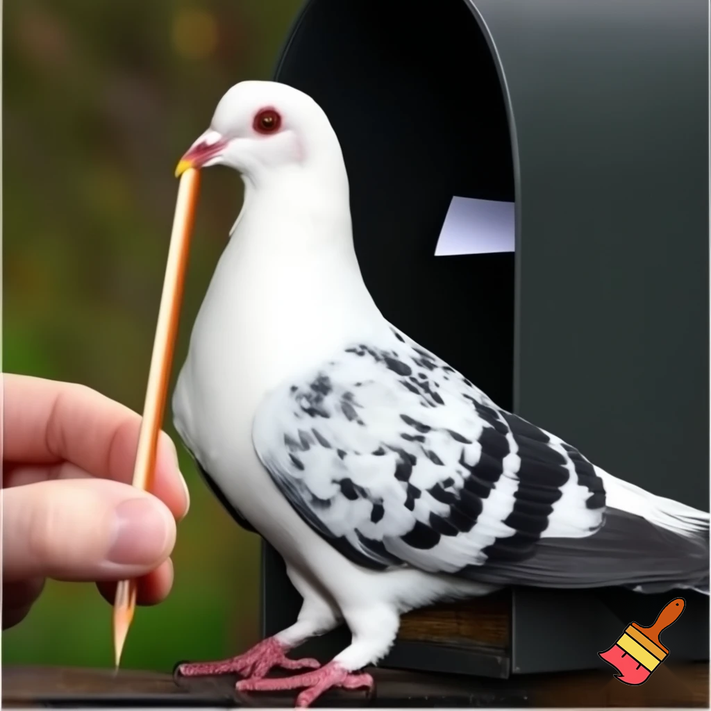 A white and black pigeon with a pencil in the mouth is writing a mail, near a mailbox