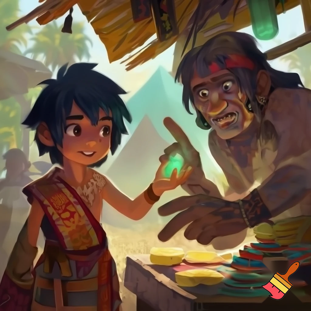 an aztec boy  buying jade from a marketer'

