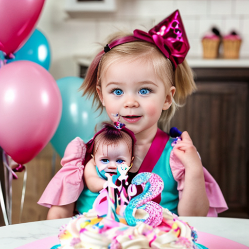 create a 2 year old daughter with blonde hair with blue eyes in pink on her birthday in front of a cake at a house 