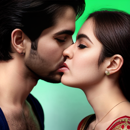 A adult girl wear green shalwar kamiz with adult boy in without  shirt kissing  