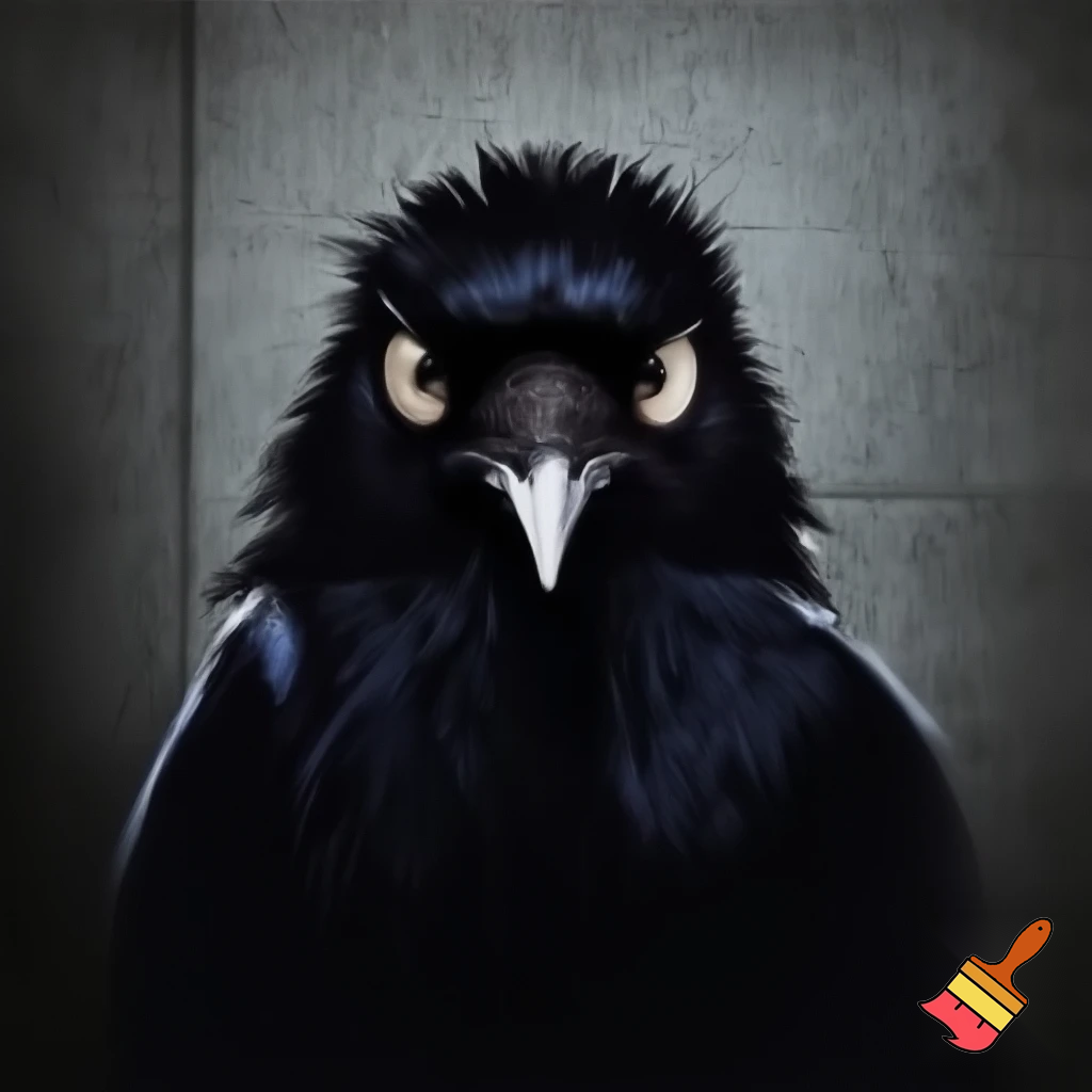 generate a image of a indian myna in a mugshot looking fierce, sinister, evil and deadl