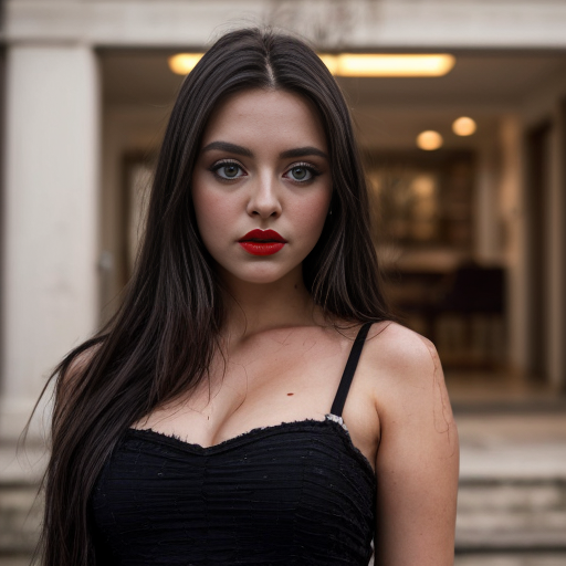 An England beautie, small face shape, fair skin, big eyes light, thick red lips 
likewater shinning, black long hair hanging over her hip, detailed texture 16:9 V vision 4k HD big photos