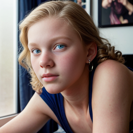 teen ,, , lifelike, portrait, highly detailed, , sharp focus, illustration, art by kittichai  and james gurney and alphonse mucha, ,  with curly blond hair and vibrant blue eyes, photorealistic, at her room, laying