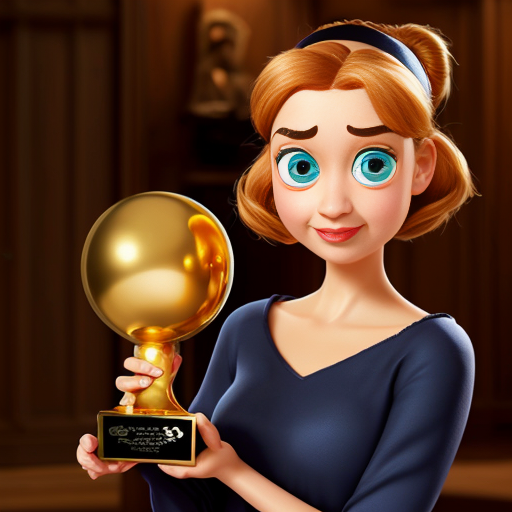 the emotion proud one person gold holding trophy Pixar cartoon style gold skin big eyes happy pretty  gold face