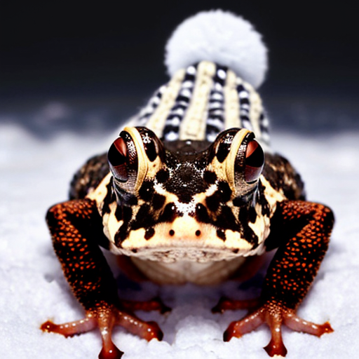 A laughable, puzzled animal toad in woolen, multicoloured winter clothings with woolen winter cap. Hyperrealistic art style.