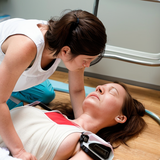 A woman lying unconscious on her back on the floor, wearing a white tank top and shorts, and a nurse performing CPR on her.