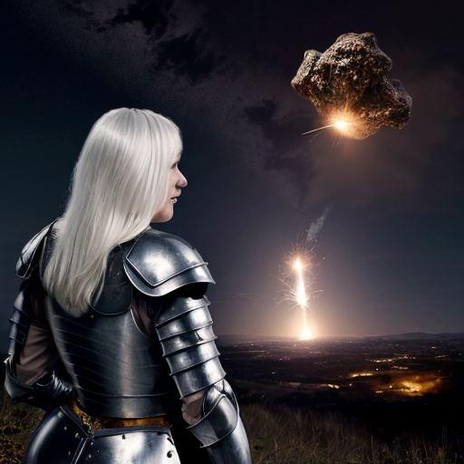 young white-haired woman in armor watches as meteorites fall on her castle
