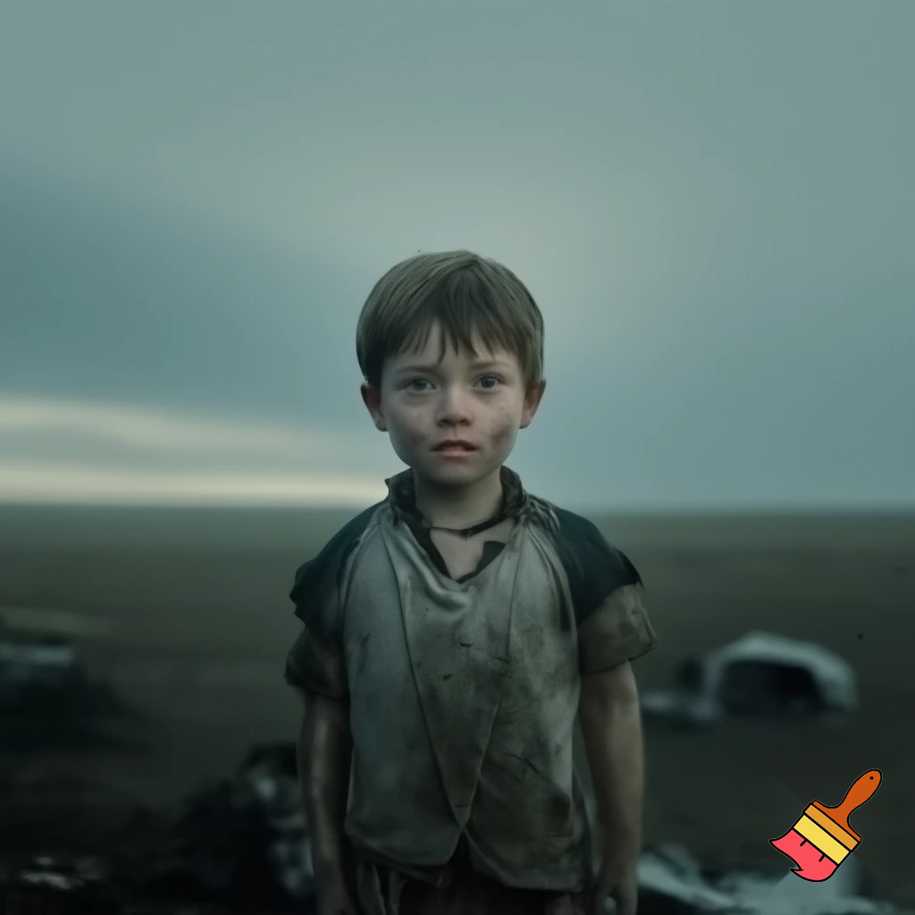 Draw me a photo of a little boy that is lost from a car crash in the middle of nowhere 