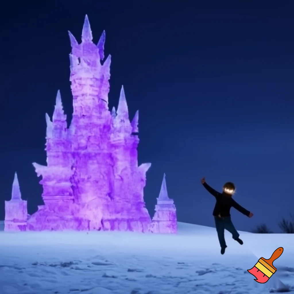 a giant purple castle made of ice rising from the snowy ground, floating above the castle(in the distance) a silloughete of a boy with his hands outstretched, and his eyes glowing, as though he is ascending