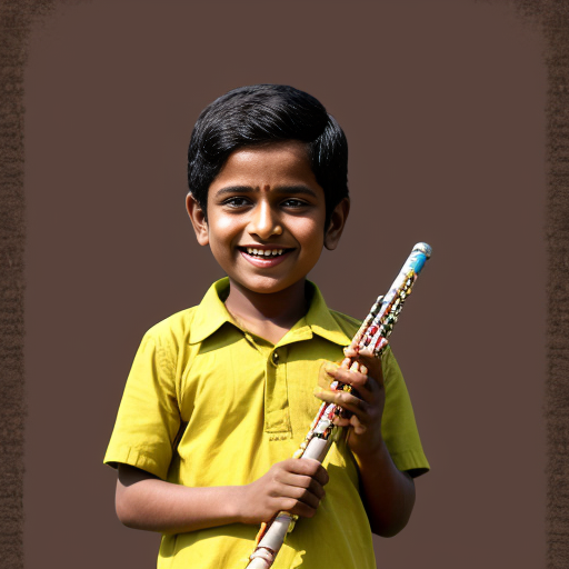 Krishna, a young boy, with his flute, standing happily with a bright smile.