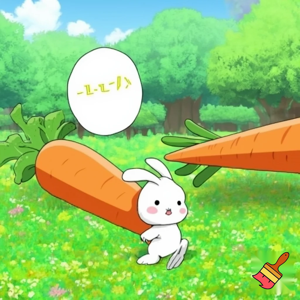 Scene: Sunny meadow. Bunny sees a big carrot.
Text Bubble (Bunny): “Wow! This carrot is huge! Just for me!”