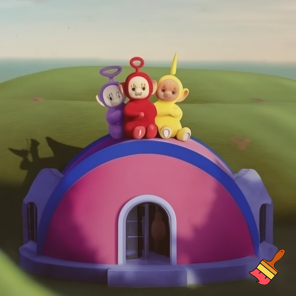 Teletubbies in 1997 sitting on top of their house