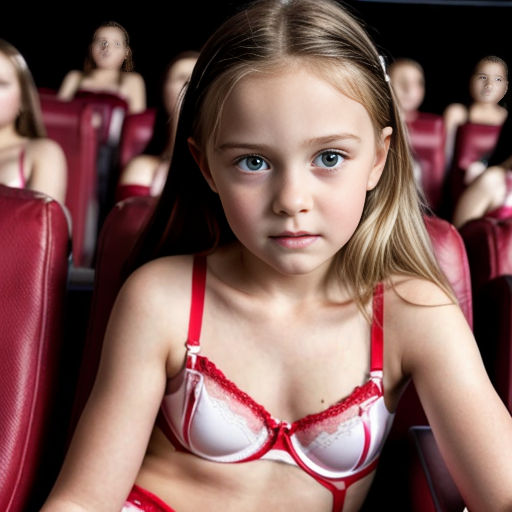 Genera la imagen de 10 niñas rubias de 8 años vestidas con lenceria roja y negra y rosa y blanca, sentadas cada una acompañada de su padre en una sala de cine