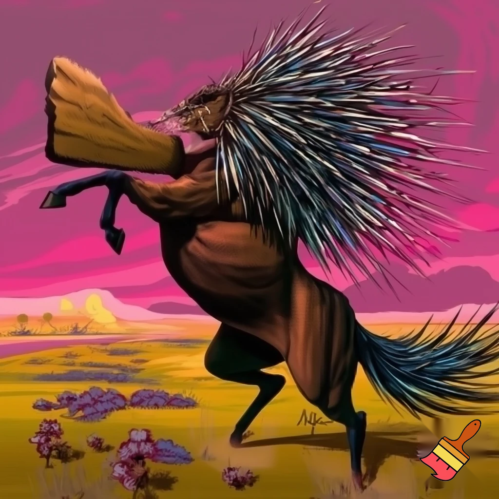 Half porcupine half horse kicking swinging a wooden board