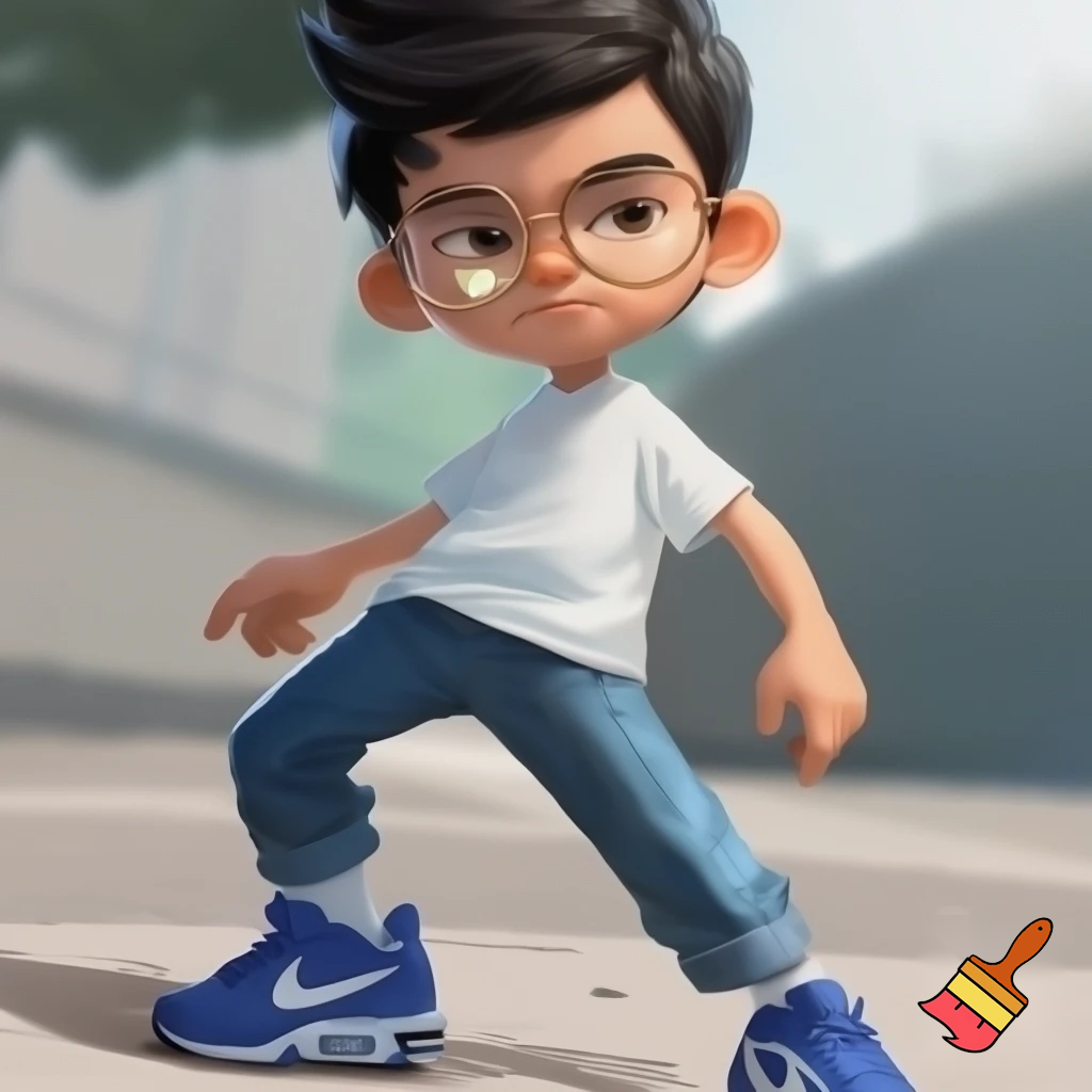 a boy standig he has a white skin coulor and black short hair he has bleu geans and a white bloes and bleu airmax shoes and he is whereing gold glasses and he is 12 years old and his hair is fully black and he is a bit taller and his skin is super light brown


