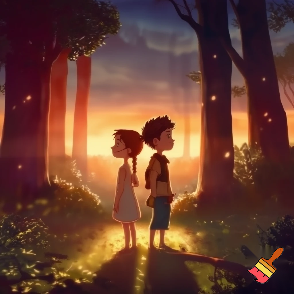 Two kids one girl one boy back to back in a forest sunset