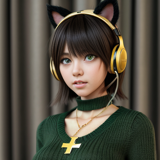 Make a cute anime girl with brown hair and has green eyes and has dark green curtain bangs and has cat ears and a green sweater and black headphones on her neck and has a gold cross necklace and small gold hoop earrings 
